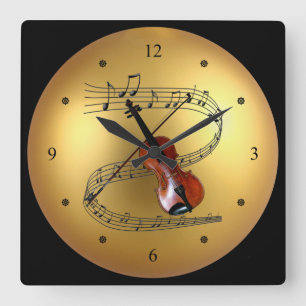 Relógio Quadrado Do ~ ~Musical do rolo do violino ~ dourado do