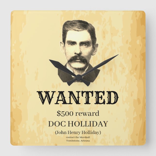 Relógio Quadrado Doc Holliday 💰 Vintage Outlaw Queria Poster (Frente)