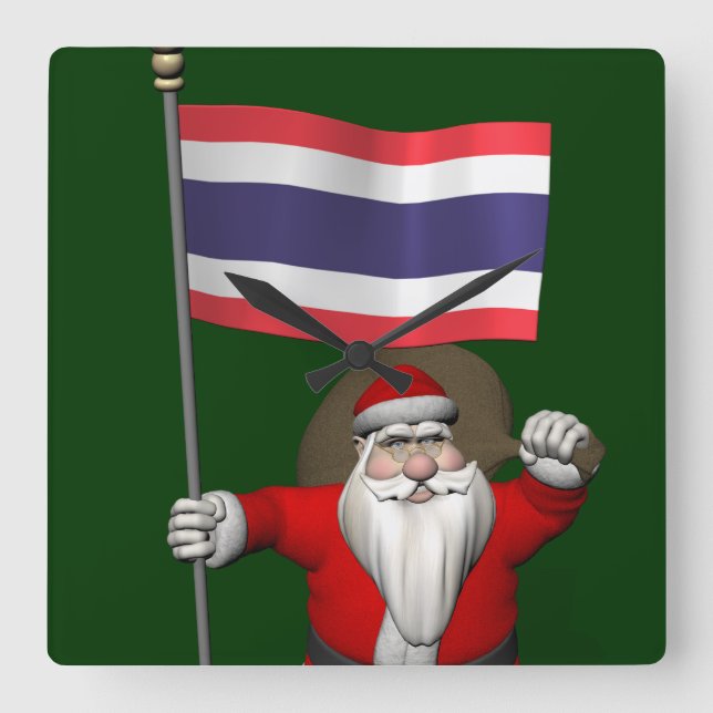 Relógio Quadrado Doce Papai Noel Com Bandeira Da Tailândia (Frente)