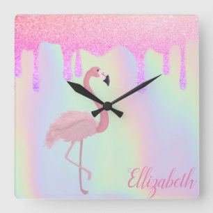 Relógio Quadrado Doce Trendy Holographic, Flamingo Rosa