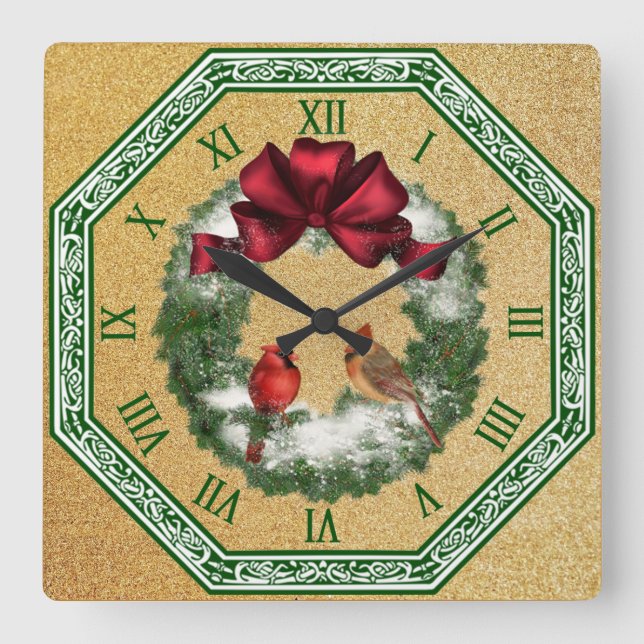Relógio Quadrado Dois cardeais ~ Fora de Natal Neve ~ Arco Vermelho (Frente)