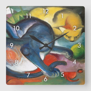 Relógio Quadrado Dois Gatos, Azul e Amarelo, Franz Marc