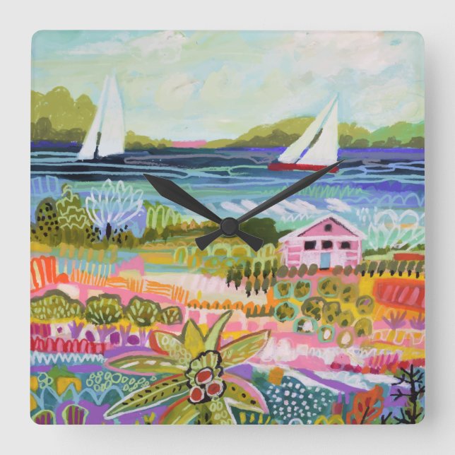 Relógio Quadrado Dois veleiros e algodão (Frente)