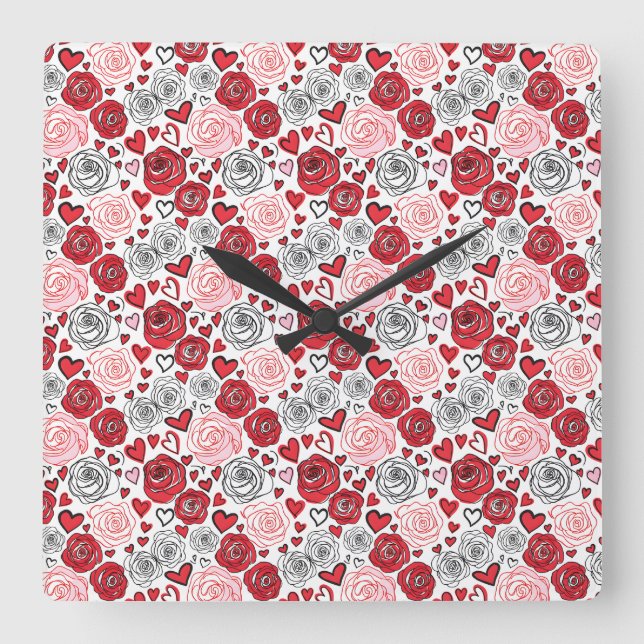 Relógio Quadrado Doodle Art Style Red Pink Roses Hearts Valentine's (Frente)