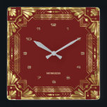 Relógio Quadrado Dourada Arte Deco Frame no Vermelho Escuro<br><div class="desc">Dourados tons Art Deco frame,  estilo geométrico sobre um fundo vermelho escuro. Monograma personalizável.</div>