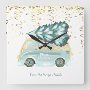 Relógio Quadrado Dourada Confetti, Árvore de Pinheiros Verdes de Ca