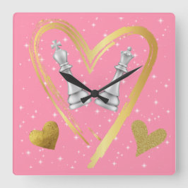 Relógio Quadrado Dourado Coração Rei e Rainha Peças de Xadrez a Ros