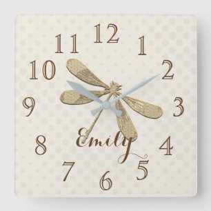 Relógio Quadrado Dourado Dragonfly Nursery Room Add Name