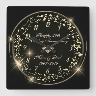 Relógio Quadrado Dourado Shiny Confetti, 50º Aniversário do Casamen