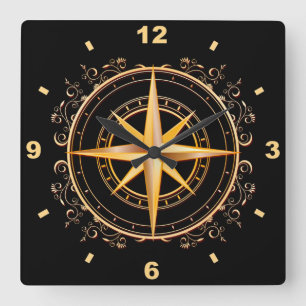Relógio Quadrado Dourado único e preto - Compass antigo ~