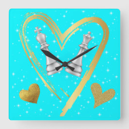 Relógio Quadrado Dourados Corações Rei e Rainha Peças de Xadrez em