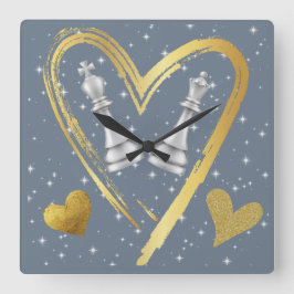 Relógio Quadrado Dourados Corações Rei e Rainha Peças de Xadrez em