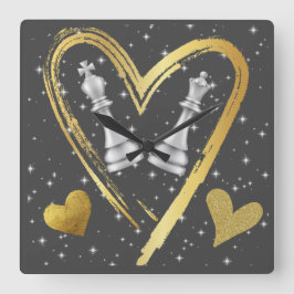 Relógio Quadrado Dourados Corações Rei e Rainha Peças de Xadrez em