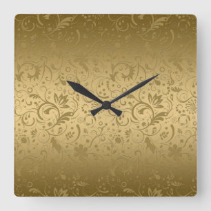 Relógio Quadrado Dourados Damascos Florais Em Fundo Dourado