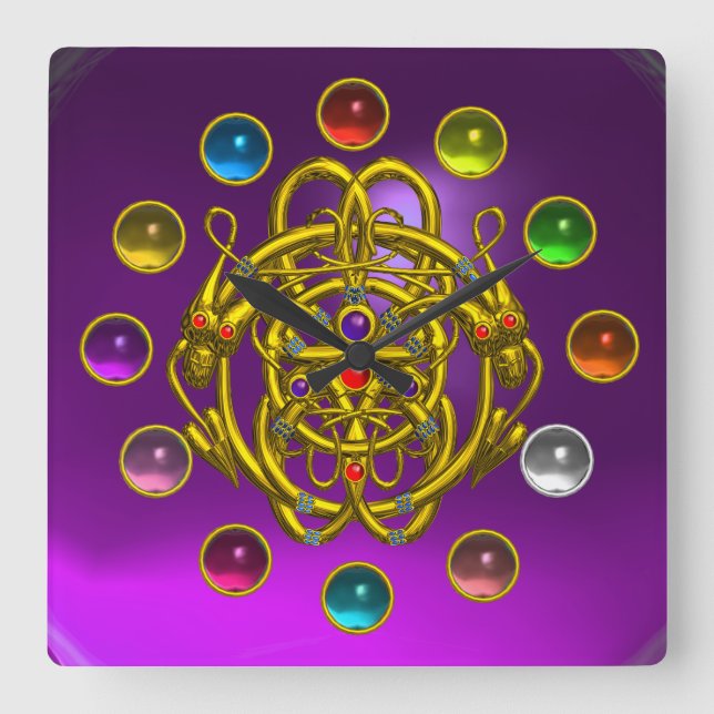 RELÓGIO QUADRADO DOURADOS DRAGÕES DE GÊMEAS COLORIDAS IMPRESSOS (Frente)