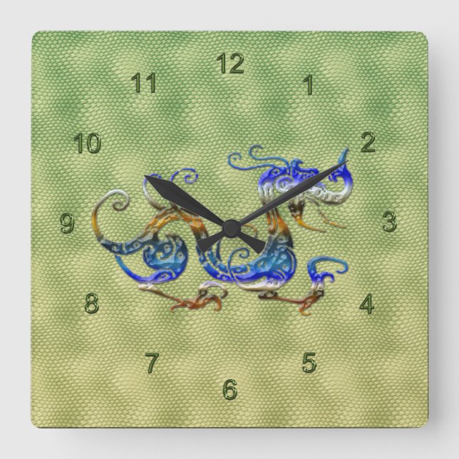 Relógio Quadrado Dragão Chinês Fantasia Art Designer Gift Clock (Frente)