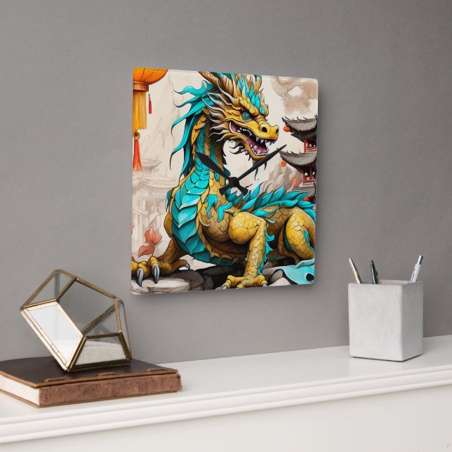 Relógio Quadrado Dragão chinês tradicional para o Ano Novo Chinês (Escritório)