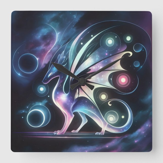 Relógio Quadrado Dragão da Borboleta Espacial (Frente)