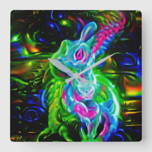 Relógio Quadrado Dragão do Coelho Psicodélico em Neon Fantasy