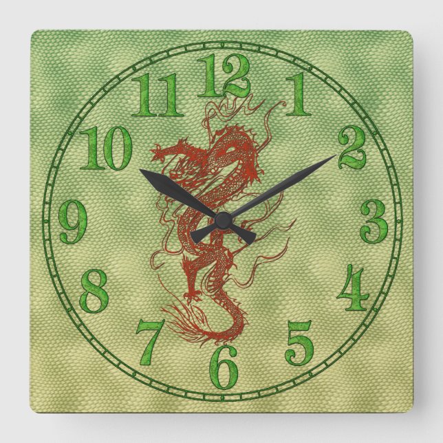 Relógio Quadrado Dragão Vermelho Chinês Fantasia Art Designer Gift  (Frente)