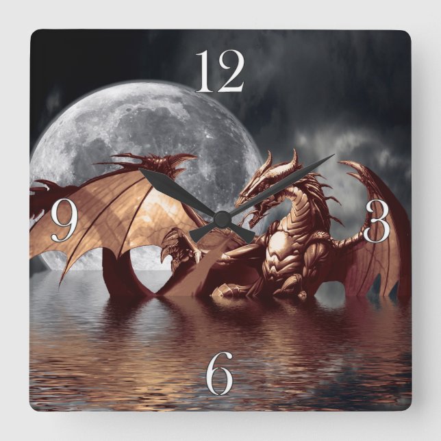 Relógio Quadrado Dragon & Moon Fantasy Wall Clock (Frente)
