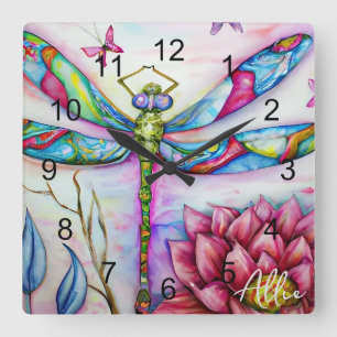 Relógio Quadrado Dragonfly Arco-Íris Aquarela, Personalizar