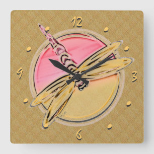 Relógio Quadrado Dragonfly Art em rosa e Dourado
