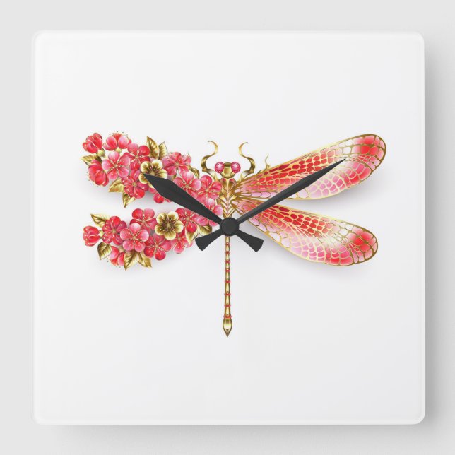 Relógio Quadrado Dragonfly com joalheria sakura (Frente)