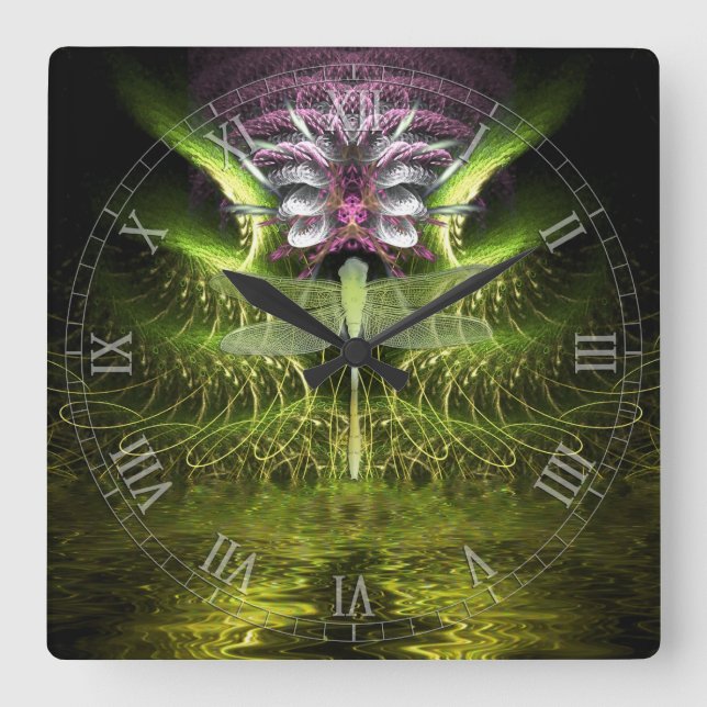 Relógio Quadrado Dragonfly Magic Fractal Art Clock (Frente)