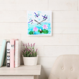 Relógio Quadrado Dragonfly Water Lily Painting Nature