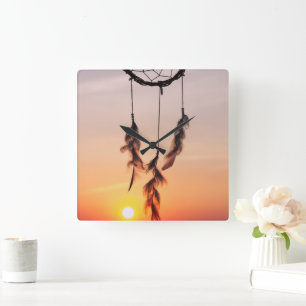 Relógio Quadrado Dreamcatcher, Sunset, Yoga, Amulet Indiano, Laranj