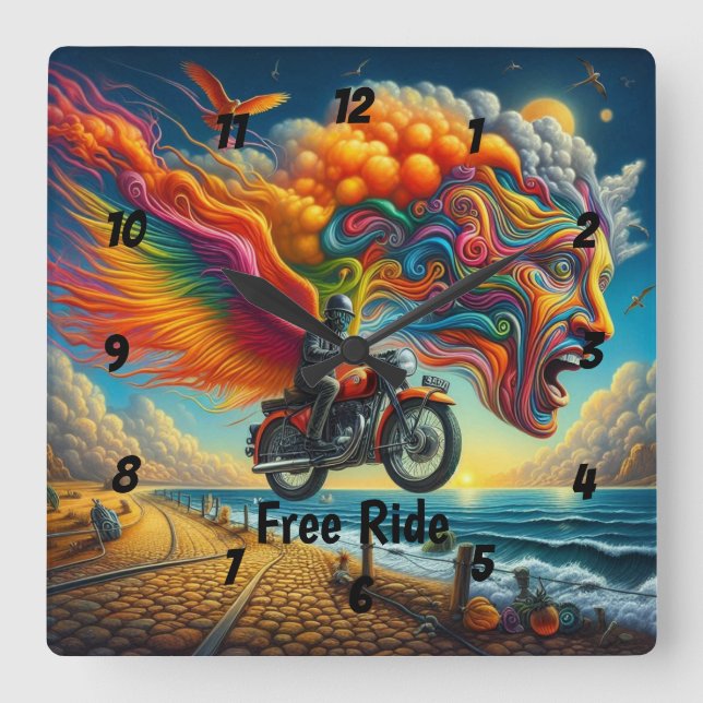 Relógio Quadrado Dreamscape de Motociclo Psicodélico (Frente)