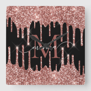 Relógio Quadrado Drips de Brilho em Rose Gold com Monograma Persona