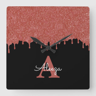 Relógio Quadrado Drives de brilho de monograma rosa quente e preto