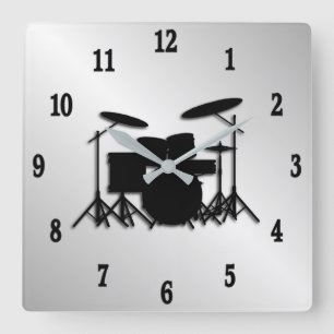 Relógio Quadrado Drum Set Music Design Números Pretos