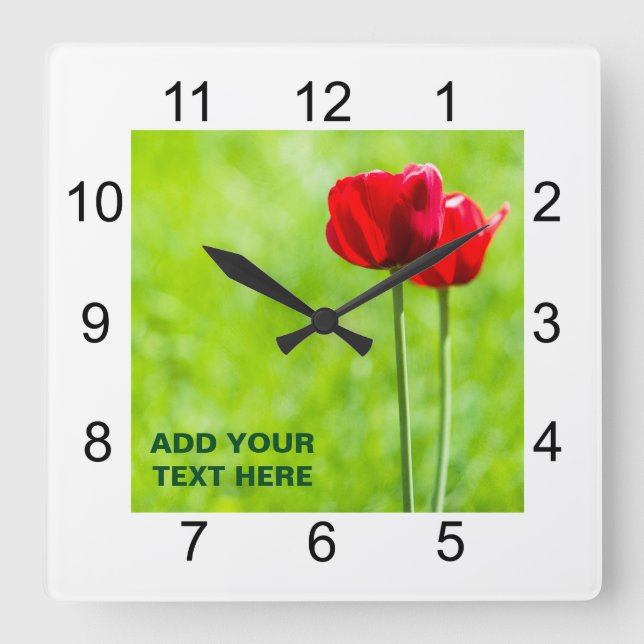 Relógio Quadrado Duas flores de tulipa vermelha (Frente)