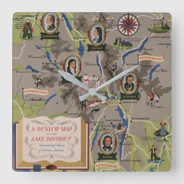 Relógio Quadrado Dunlop Map of Lake District, Inglaterra (Frente)