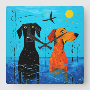 Relógio Quadrado "Duo Aquático de Alegria" - Cães Coloridos Surreai