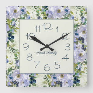 Relógio Quadrado Dusty Blue Watercolor Floral Name Kitchen