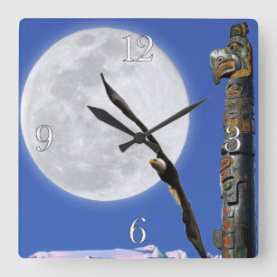 Relógio Quadrado Eagle, Totem Pole e Lua Fantasy Art Clock
