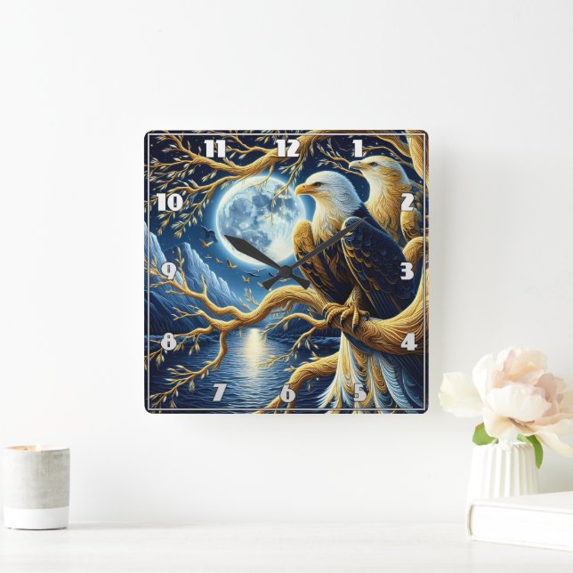 Relógio Quadrado Eagles Empoleirados na ramificação sob céu ilumina (Lar)