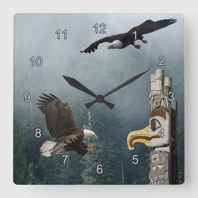 Relógio Quadrado Eagles, Totem Pole e Forest Fantasy Art Clock (Frente)