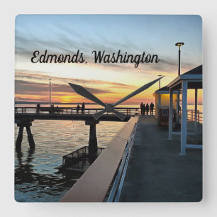 Relógio Quadrado Edmonds Washington Pier em Sunset