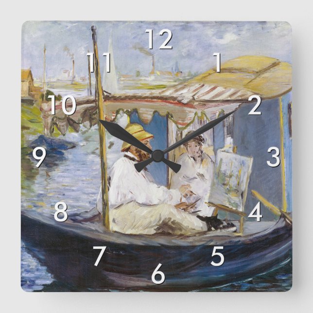 Relógio Quadrado Edouard Manet - Monet em seu barco estúdio (Frente)