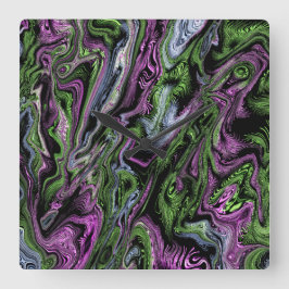 Relógio Quadrado Efeito de rosca da seda roxa e verde Arte líquida
