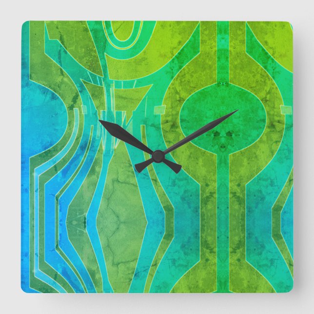 Relógio Quadrado Efeito Padrão Azul Azul Azul Verde Motif (Frente)
