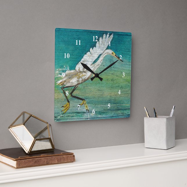 Relógio Quadrado Egret Beach House Art (Gorgeous Egret Shorebird On Water Art Wall Clock From Jenn's Emporium. )