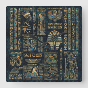 Relógio Quadrado Egyptian hieroglyphs and deities -Abalone and gold