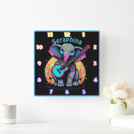 Relógio Quadrado Elefante com guitarra no pôr do sol