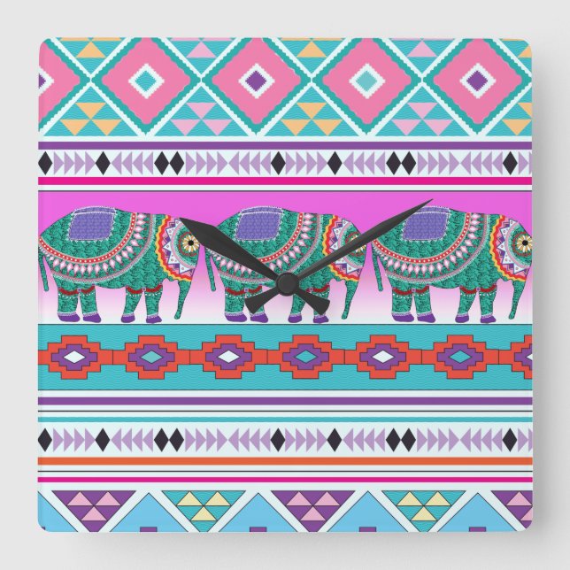 Relógio Quadrado Elefante com padrão asteca (Frente)